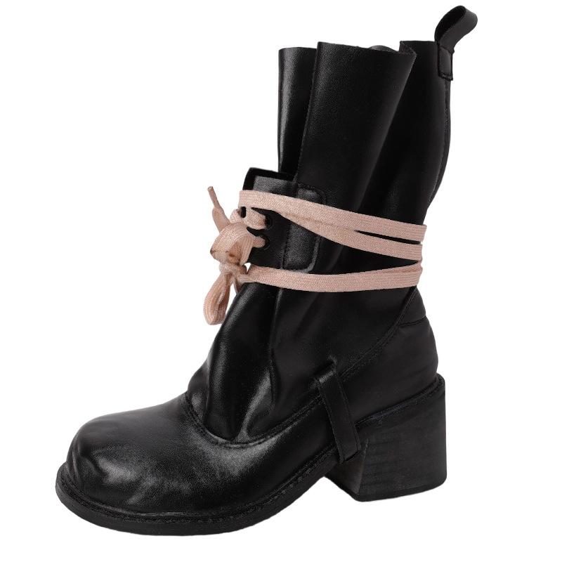 Vintage Spice Girls Short Boots Pile Boots Women's Thick Heel Skinny Fashion High Heel Boots Spring Summer Bundle Strap Martin Boots