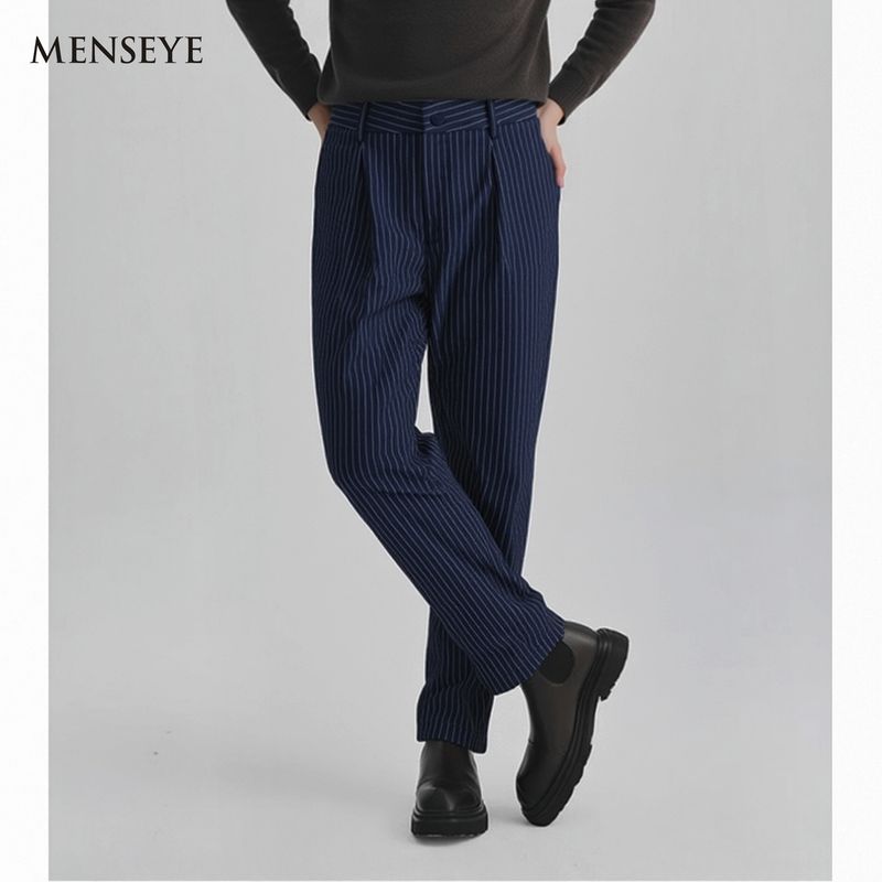 Menseye Men's Casual Pants Blue Vertical Striped Dress Pants Versatile Business Slim Fit Skin-Friendly European and American Style Commuting