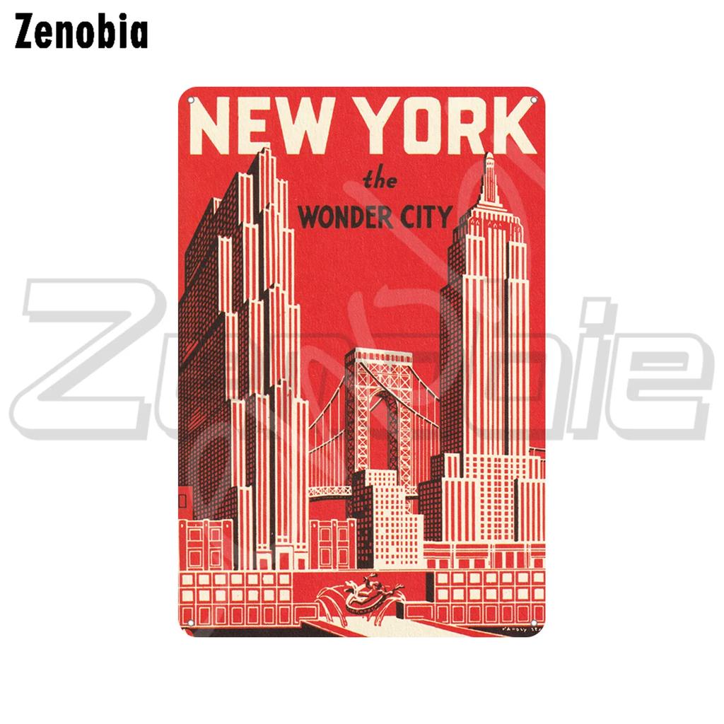 Vintage Rese Metallskylt Montreal Moskva New York City Landmärke Byggnad Plåtskylt Plåt Stad Landskap Retro Plakett Dekoration