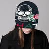 Teens Elastic Beanie Knit Skull Caps with Jacquard Skull&Rose Pattern Skiing Hat