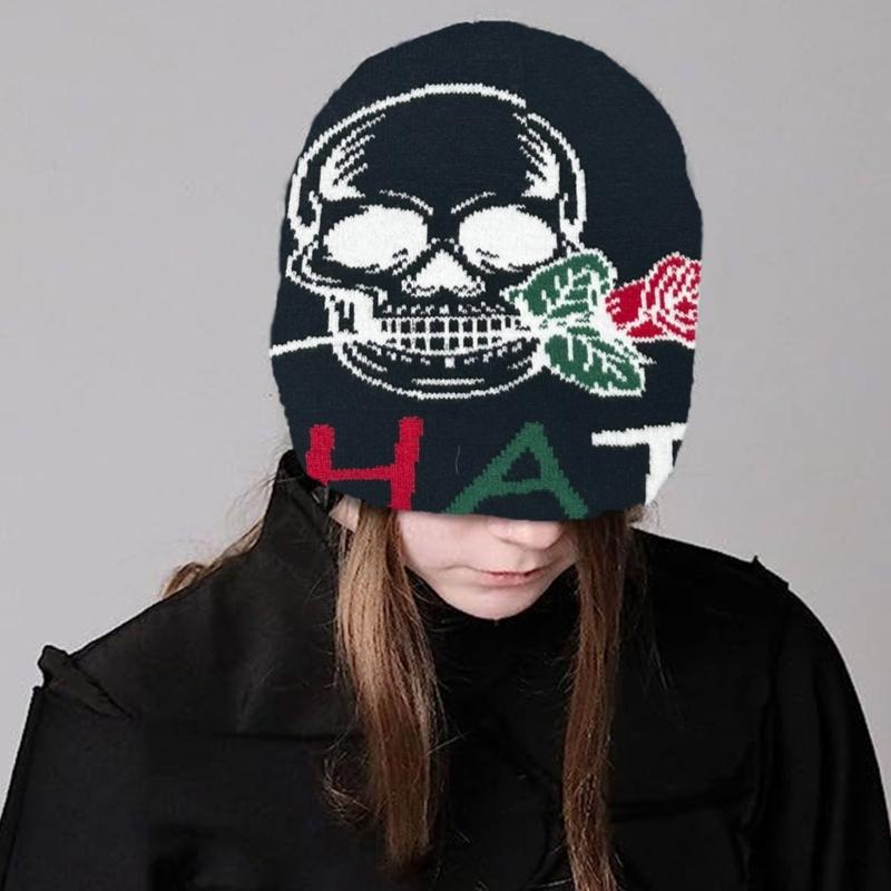 Teens Elastic Beanie Knit Skull Caps with Jacquard Skull&Rose Pattern Skiing Hat
