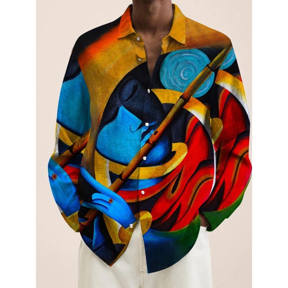 2024 New Men's 3D Art Painting Fashion Print Single Breasted Long Sleeve Shirt Casual Shirt Men's Loose Lapel Long Sleeve