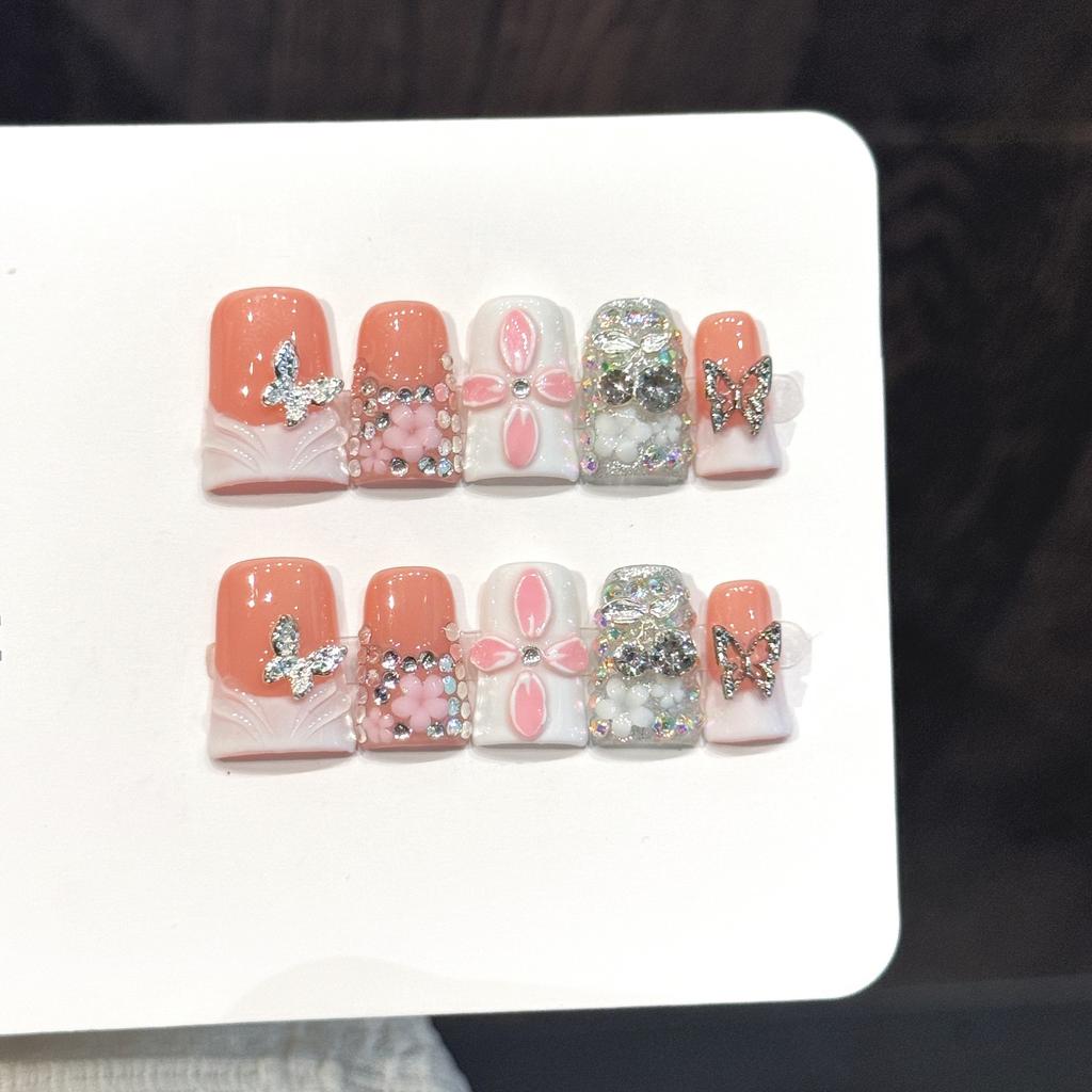 Short Duck Beak French Full Drill Butterfly Fake Nails 10 Pieces Resin Rhinestone Design