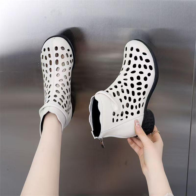 Damen Frühling Sommer Blockabsatz Knöchel Coole Stiefel Leder Ausgeschnitten Runde Spitze Locker Atmungsaktiv Höhere Sandalen Stiefel