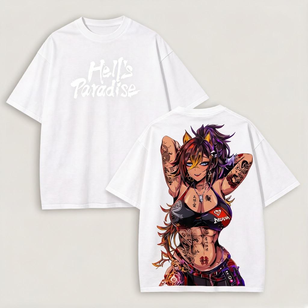 Hot Anime Hells Paradise Washed T Shirt Anime Lover Couples Plus Size Unisex Personality Clothes Year Round Clothing Breathable XL