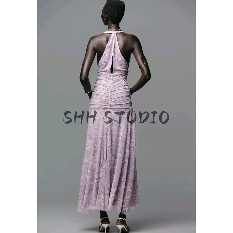 Summer New Product Women's Clothes French Style Casual Sleeveless Printed Silk Net Hanging Collar Long Dress 5039144