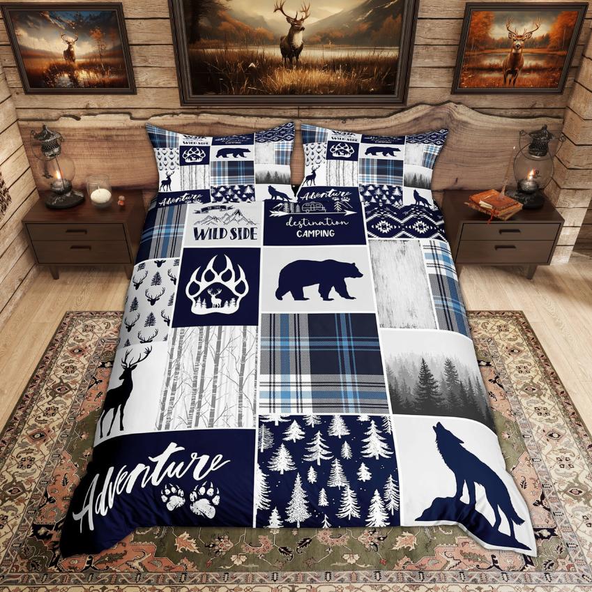 Homewish Rustic Deer Bear Duvet Cover Set Woodland Animal Checkered Quilt Cover Set Farmhouse Lodge Cabin Bedding Set