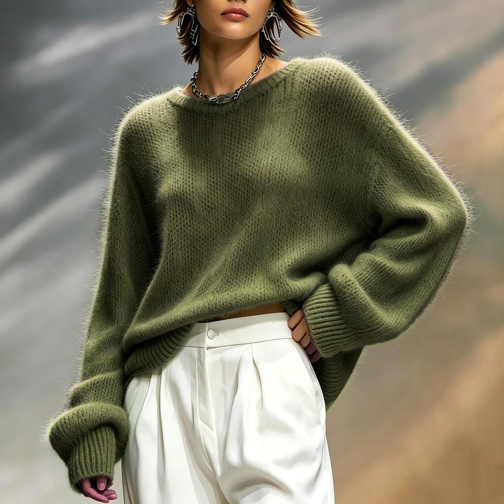 Women's Color Round Neck Loose Fit Pullover Sweater for Fall