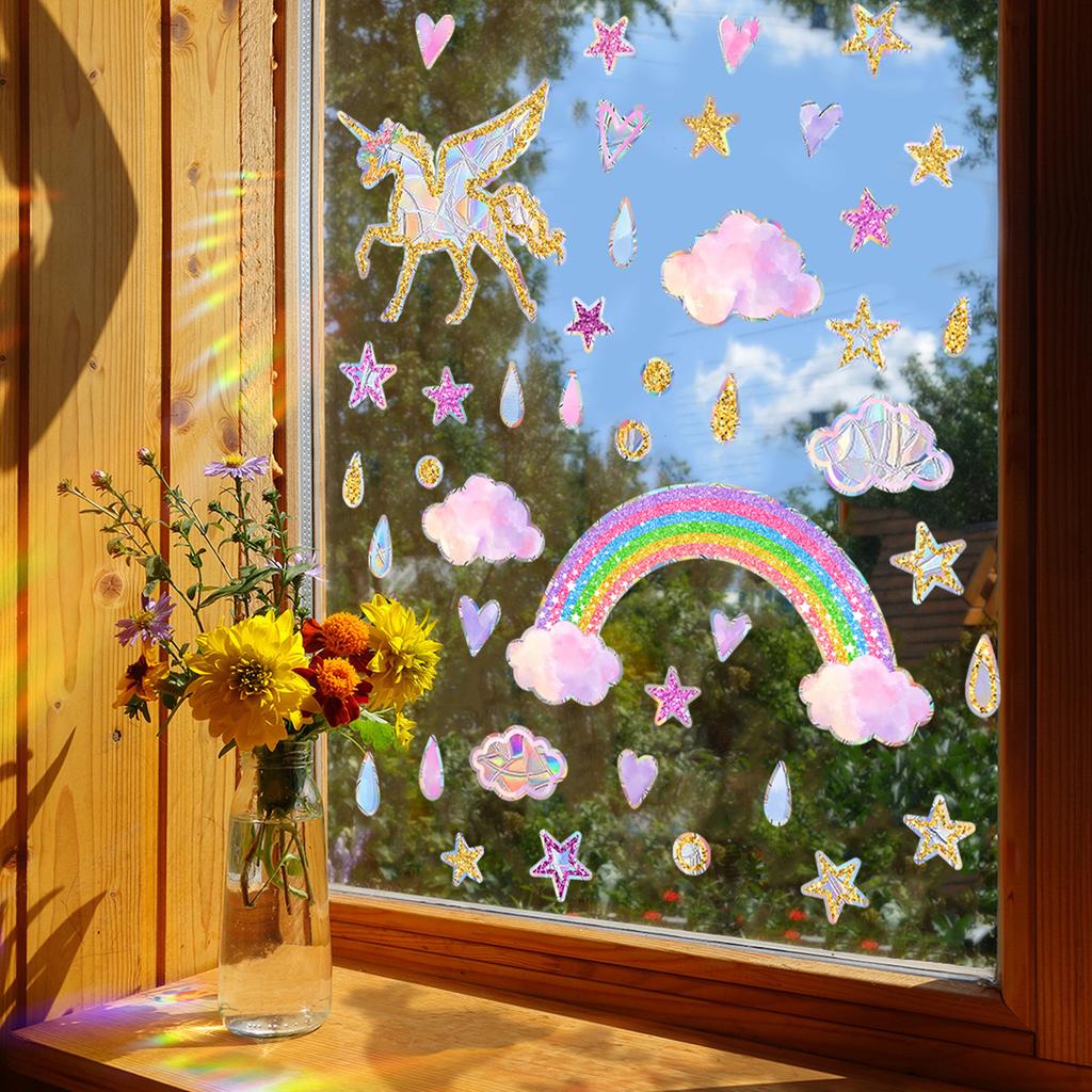 Xc8005 Colorful Sunlight Electrostatic Glass Sticker Rainbow Pony Star Love Raindrop Wall Sticker Window Sticker Decoration