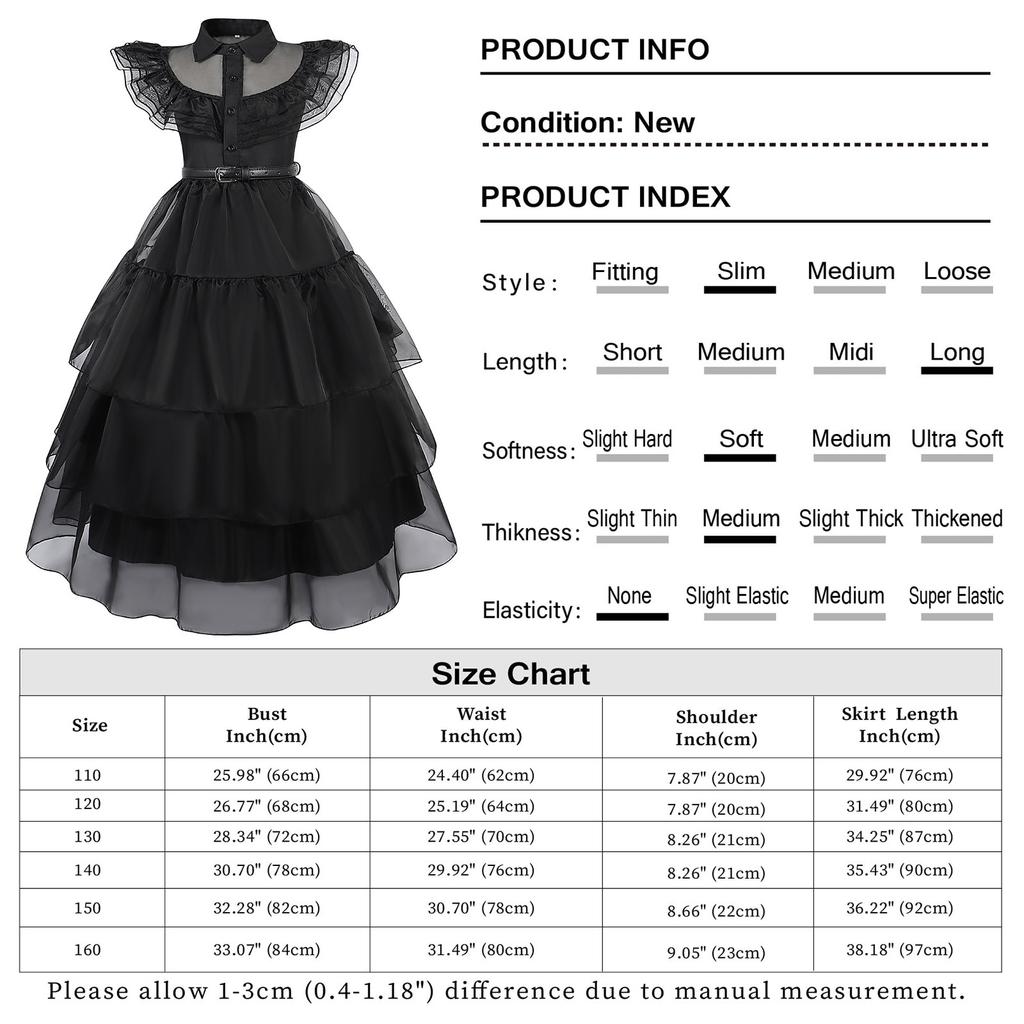 Girls Wednesday Addams Costume Dress, Gothic Party Cosplay, Halloween Role Play, Black Polyester Dress, 140cm