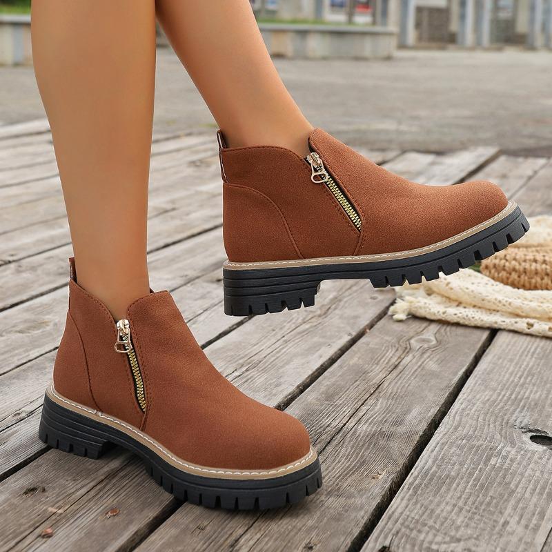 Damen Stiefeletten mit runder Zehenpartie in Überweite, Martin Boots mit Blockabsatz und Reißverschluss an der Seite, Herbst Winter Kurzstiefel für Damen