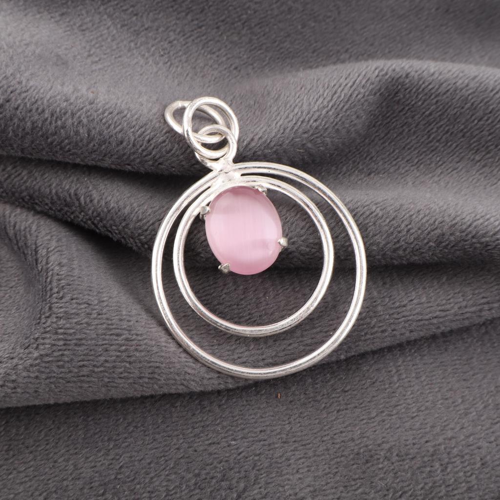 Pink Cat's Eye Pendant, 925 Sterling Silver Pendant Jewelry, Handmade Pendant Gemstone Jewelry For Memorial Day