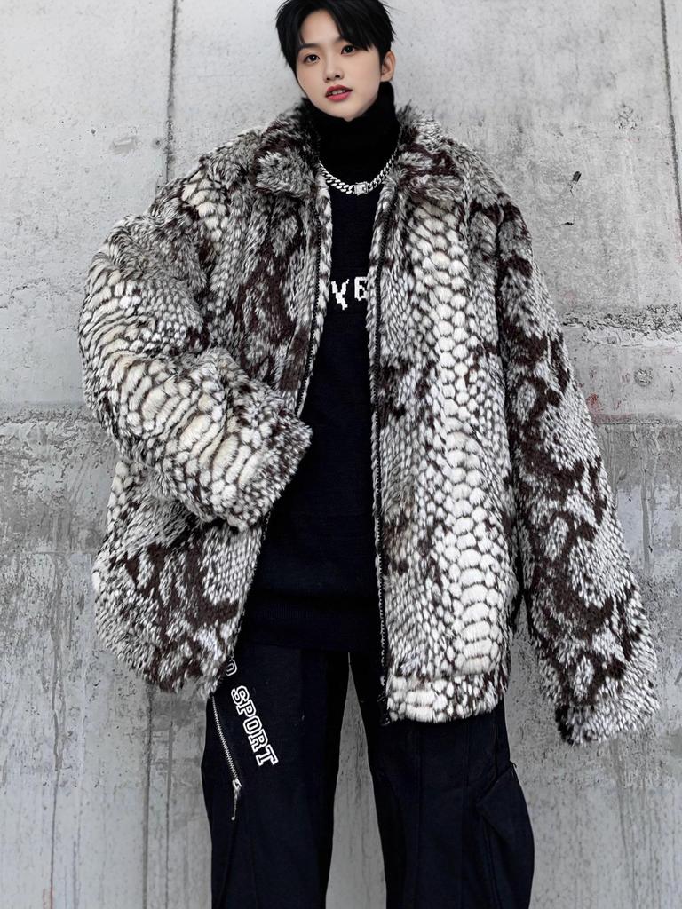 Men's Snake Skin Pattern Faux Fur Padded Jacket - Trendy Casual Outerwear