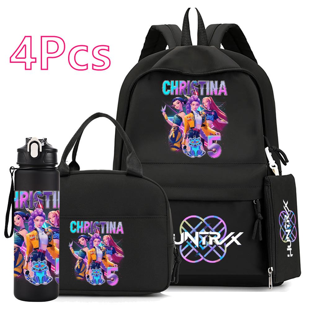 4Pcs/set Anime K-Pop Demon Hunters Printed 750Ml Water Bottler Backpack Handbag Pencil Case for Teenager Boy Girl Large Capacity Waterproof Schoolbag