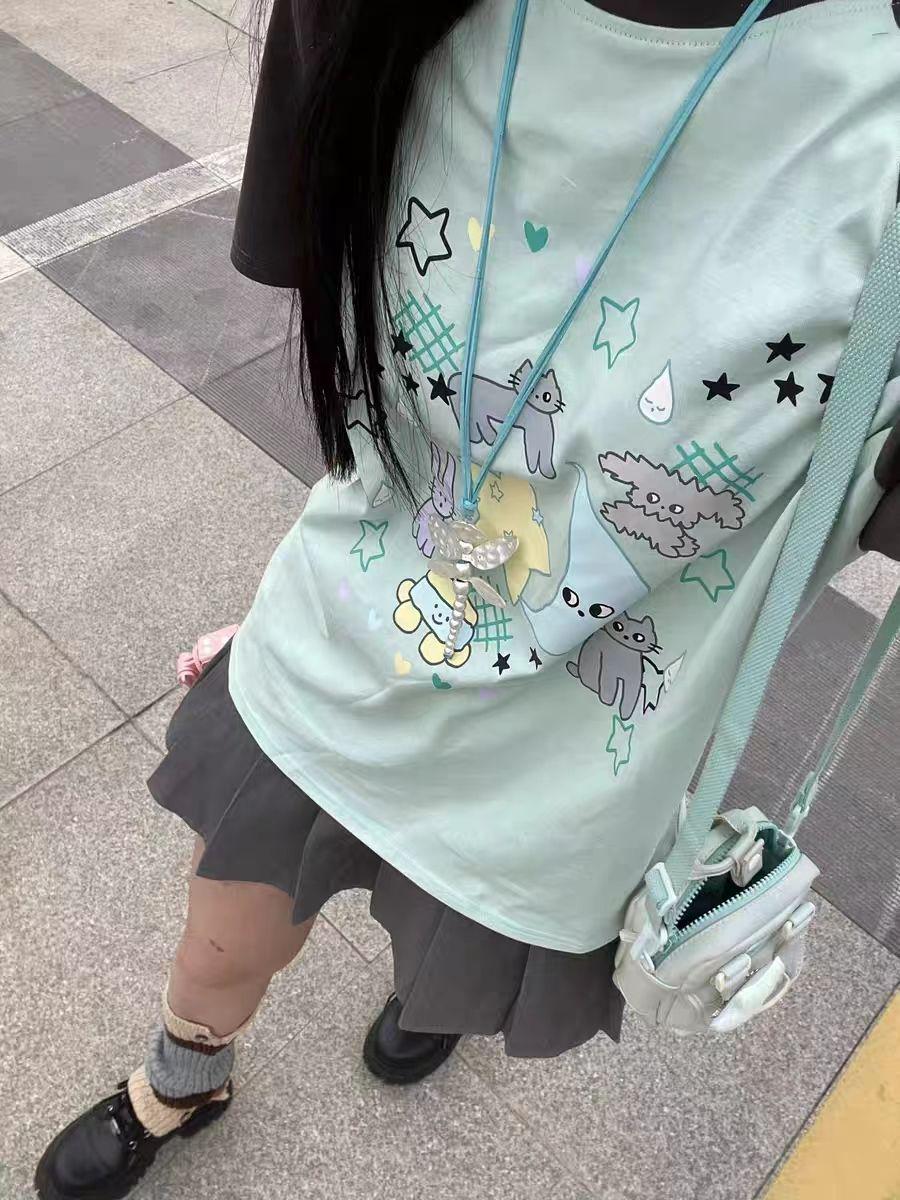 

Женская милая футболка с коротким рукавом в японском стиле, пэчворк, лето - Новый тренд дофаминового стиля, свободный крой. Large