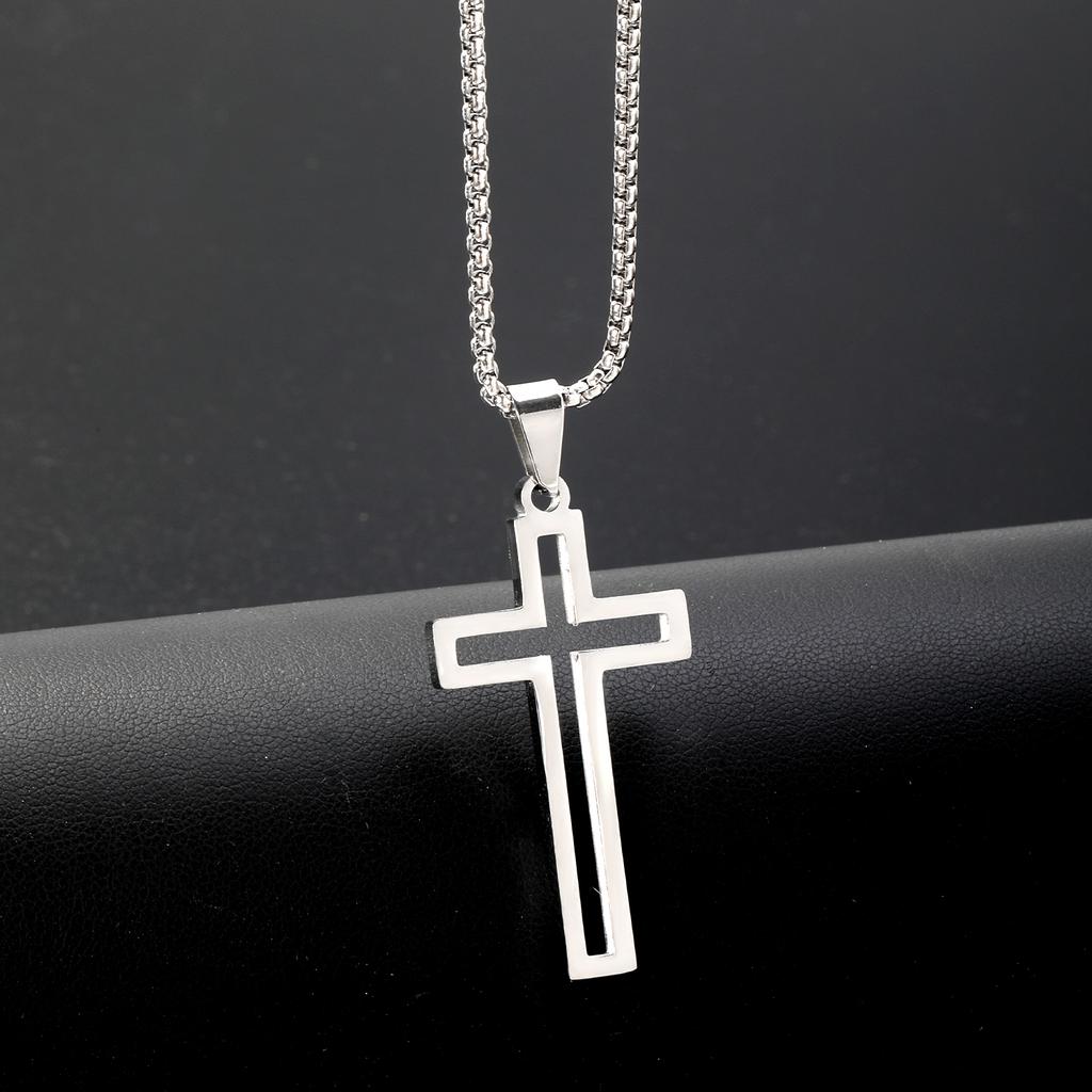 Skeleton Cross Necklace for Men Women Stainless Steel Hollow Out Cross Pendant Box Chain Collier Religious Faith Christ Collar