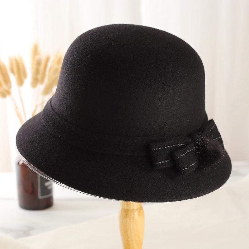 Autumn and winter women's high-end hats, middle-aged mother hats, top hats, woolen bows, basin hats, fashion hats, ladies