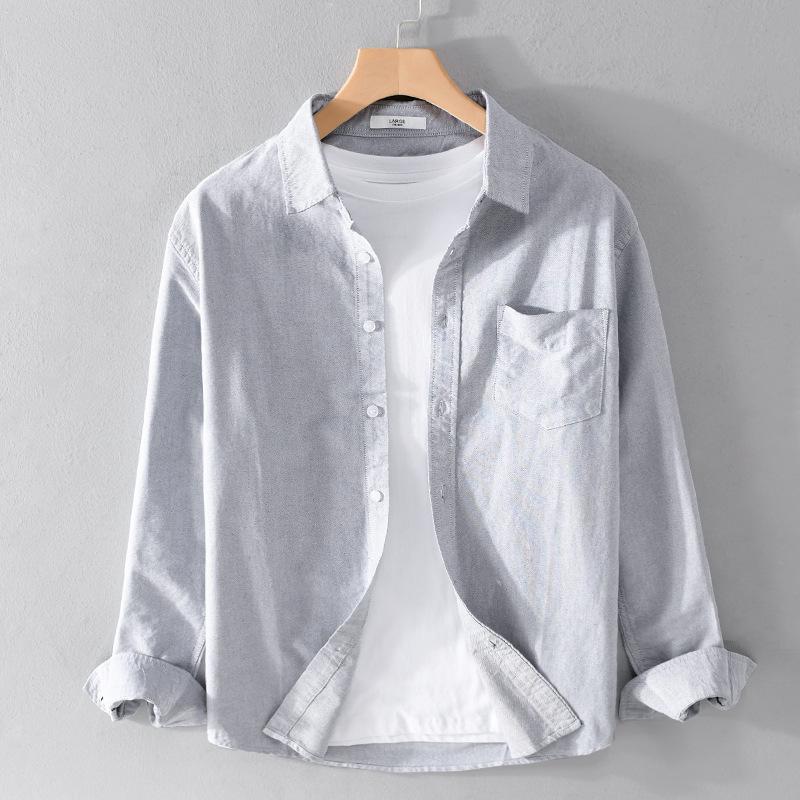 Men's Oxford Woven Long Sleeve Shirt Cotton Casual Simple Matching Solid Color Shirt Slim White Shirt Fashionable Men