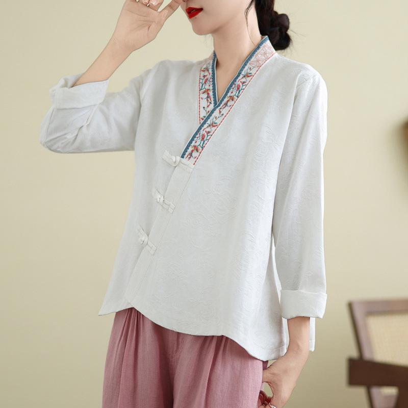 

Chinese Retro Embroidered Frog Button Cotton-Linen Cardigan: Women’s Casual Artistic Hanfu Top 2XL білий