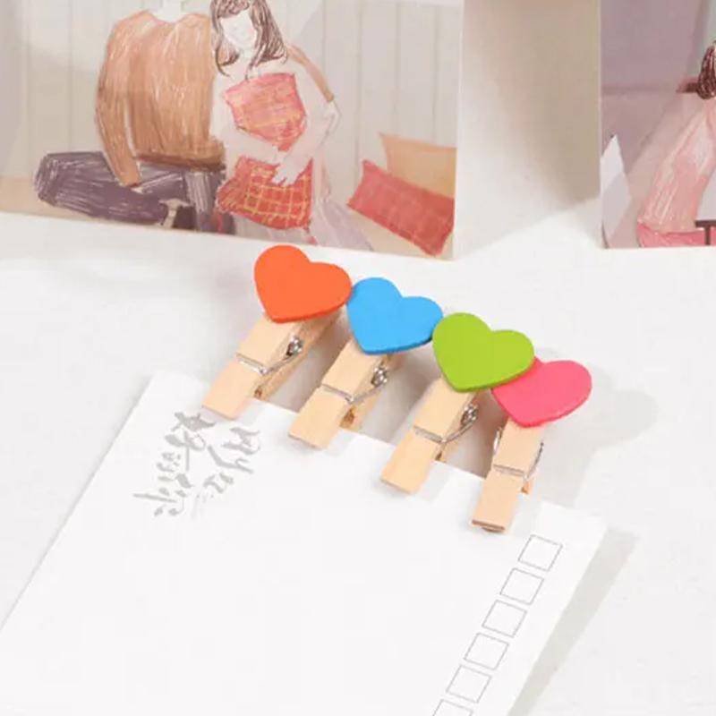 50Pcs Wooden Colored Love Heart Photo Clip Memo Paper Diy Photo Clips Wedding Decoration Postcard Clips Clothespin Home Decor