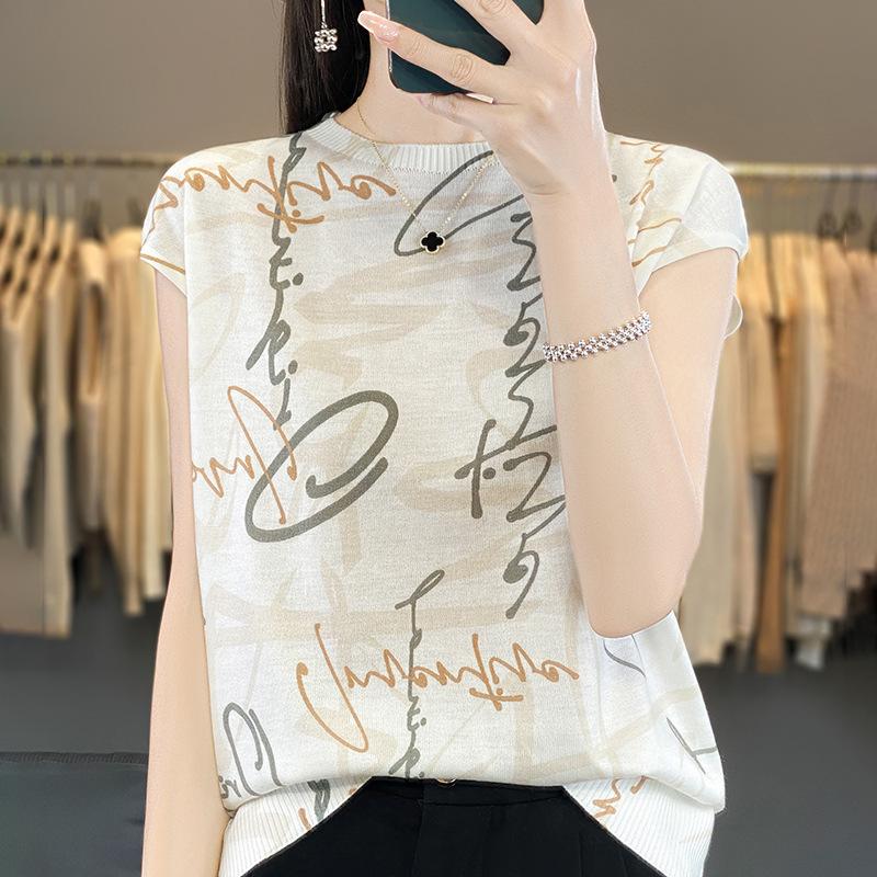 

Летняя тонкая шелковая трикотажная футболка с короткими рукавами, женская шерстяная футболка без рукавов с принтом S