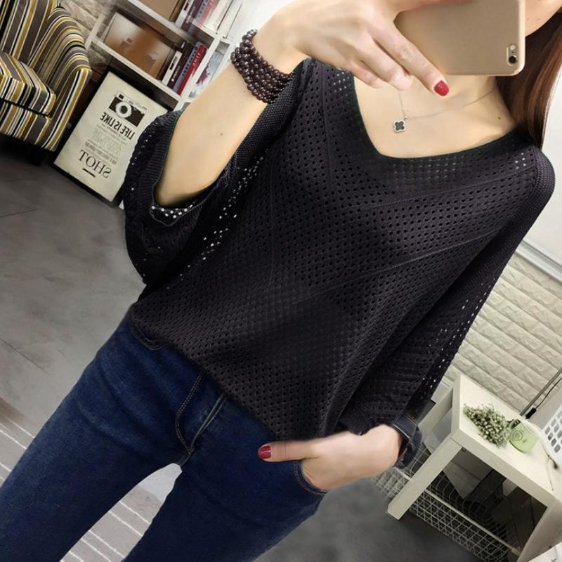 Summer Hollow Short-sleeved Bat Shirt Loose Knit Top V-neck Solid Color Plus Size Blouse