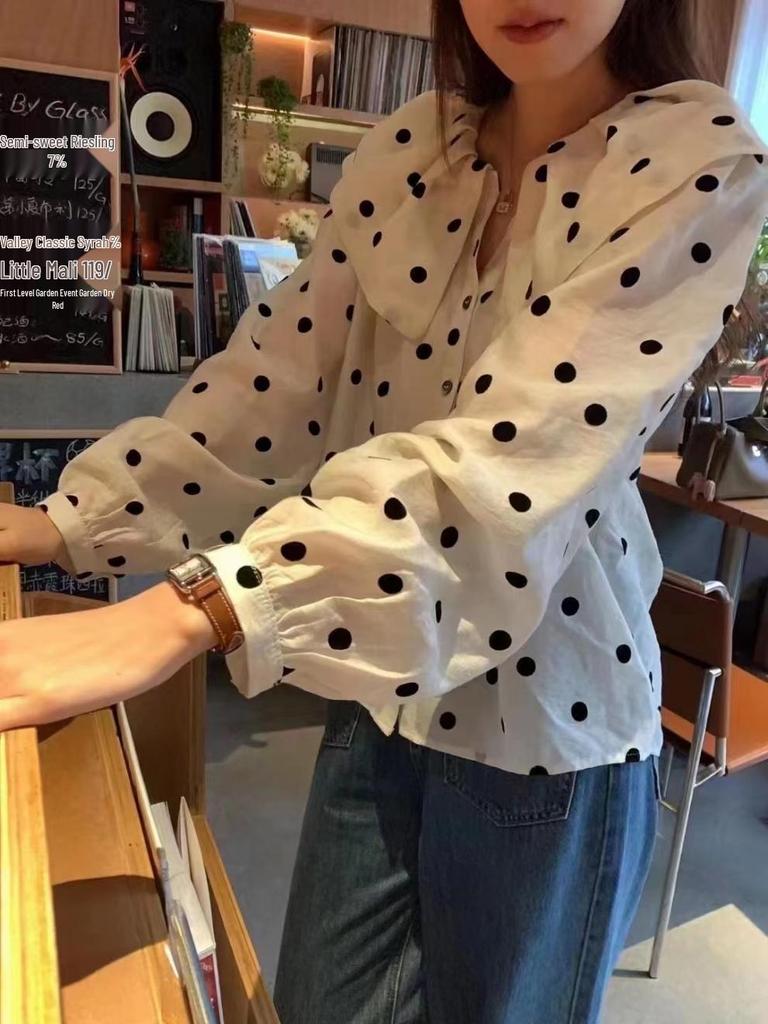 Women's Sweet Polka Dot Long-Sleeve Color Block Shirt, 2026 Spring Korean Style, Single-Breasted with Doll Collar