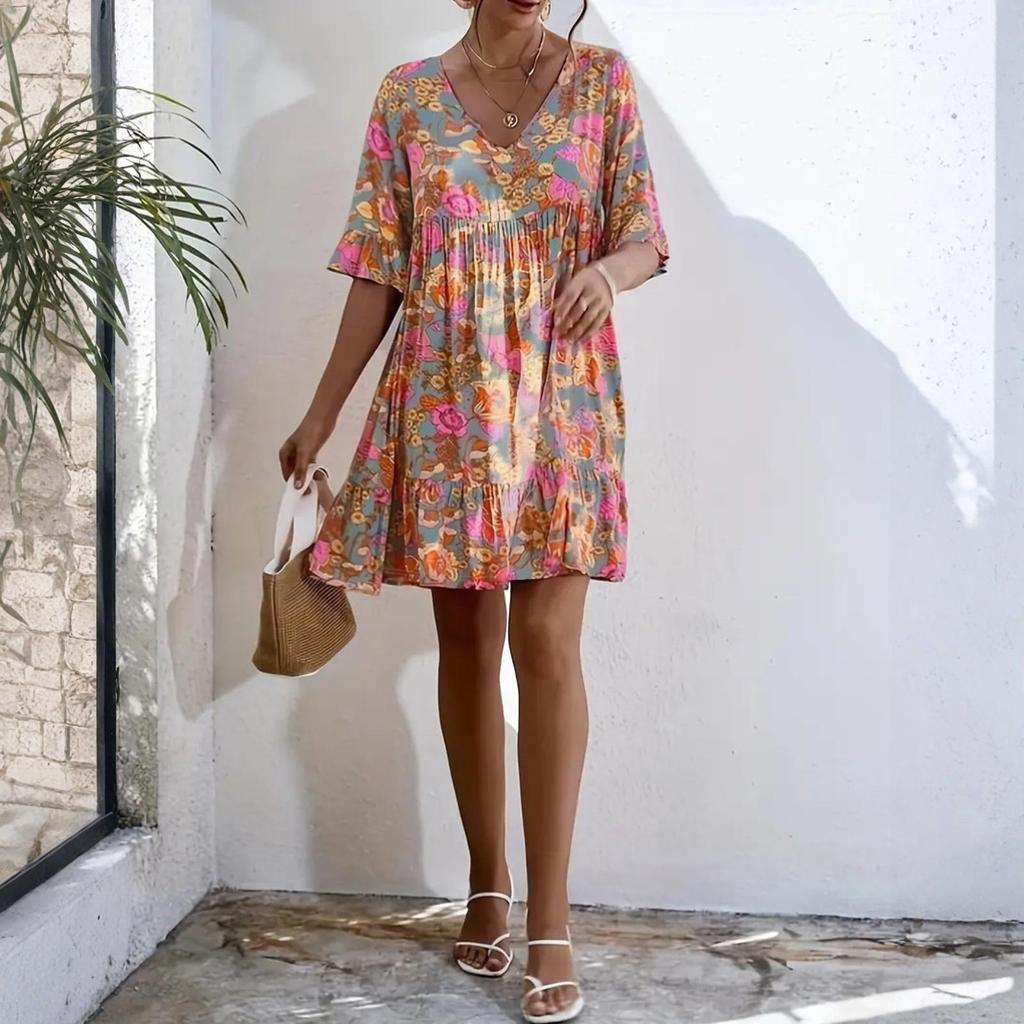 Rochie casual elegantă pentru femei cu decolteu în V și imprimeu floral
