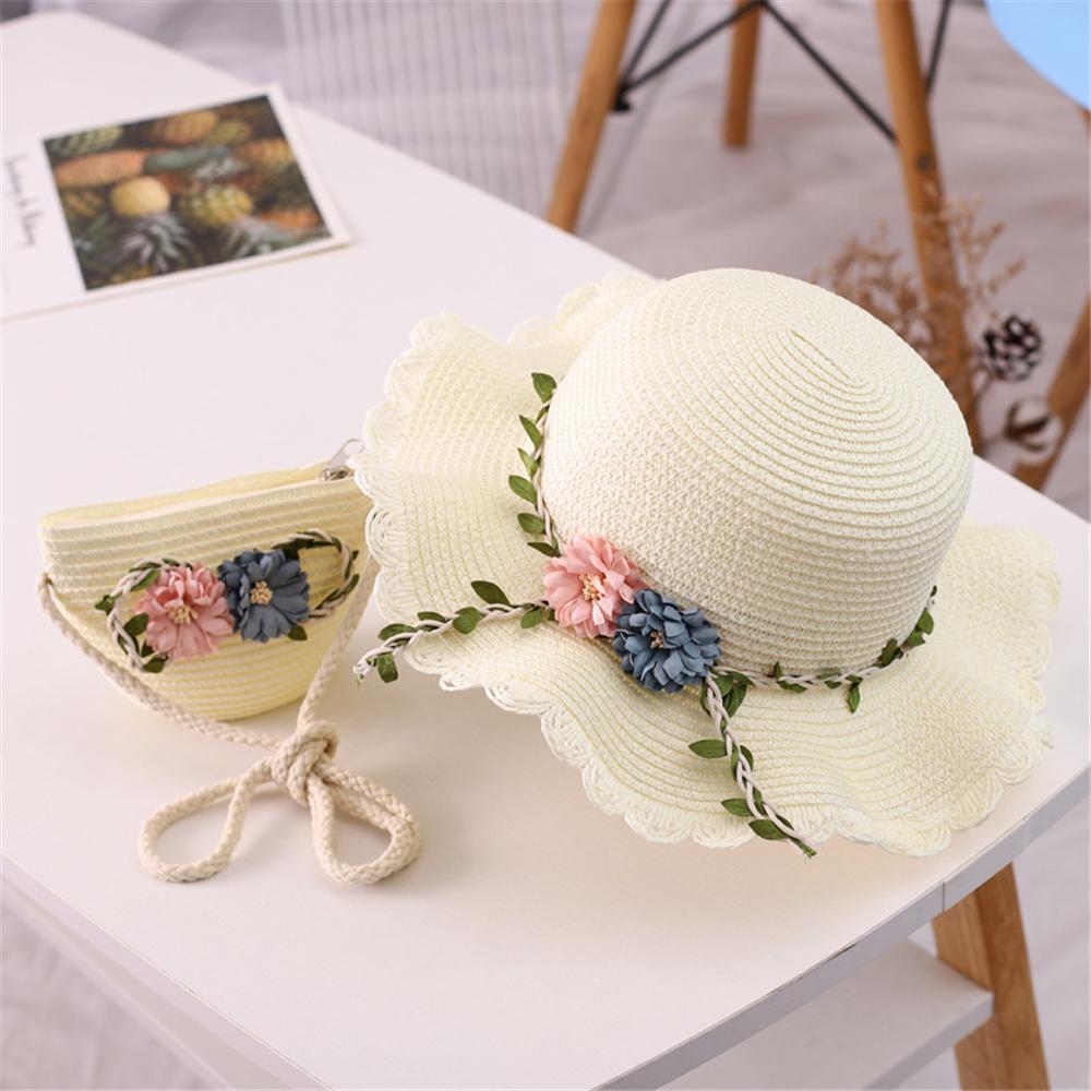 Casual Straw Weaving Sun Beach Flower Sunshade Caps Girls Summer Hat Shoulder Bag Wide Brim Hats