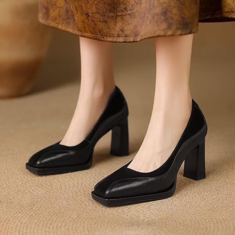 Fashion French Retro Style Square Toe Shallow Mouth Block Heel Women's High Heels Fashion Spring and Autumn Women's Single Shoes