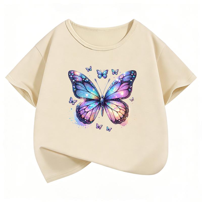 Retro Butterfly Design T-Shirt Printed T Shirt Girls' Summer Clothes Short Sleeve Tops T-Shirts Cute Boys Clothing
