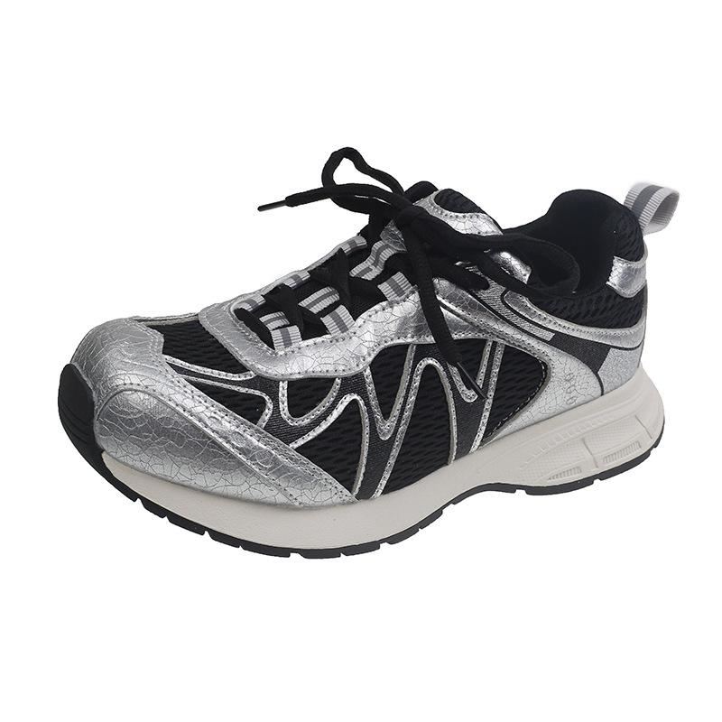 Leather mesh Forrest Gump shoes women's 2025 summer new round head thick sole thin breathable lightweight casual sports shoes tide
