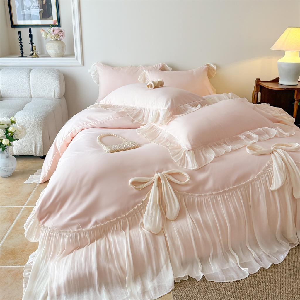 Premium Sense Super Fairy French Princess Style 100 Skin-Friendly Cotton Bed Cover Four-Piece Girl Heart Lace Bed Quilt Cover