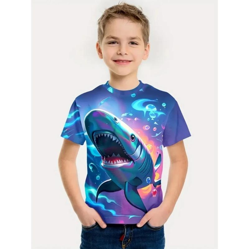 Summer Boys Clothes Breathable Elastic Comfortable Children's T-Shirt Cartoon Shark Casual Cool Summer O-Neck T-Shirt for Boys