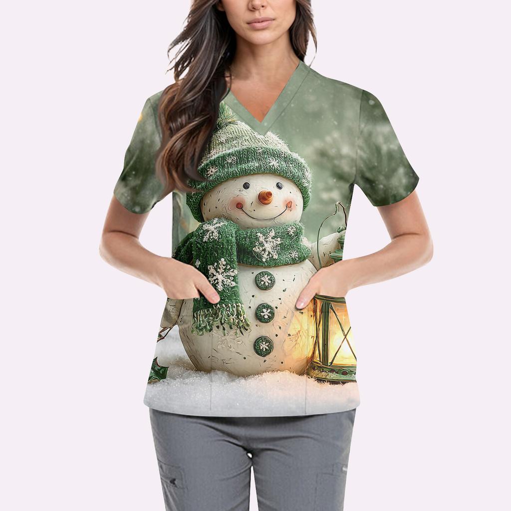 Women's Cute Printed Work Clothes V-neck Double Layer Pockets Basic Short Sleeve Top Pullover Valentines