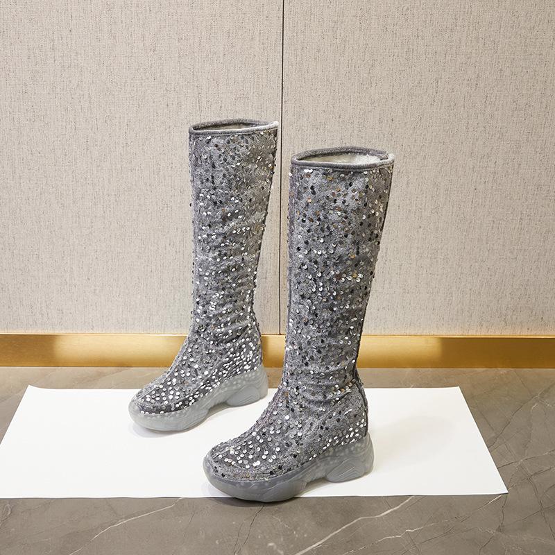 2025 New 8cm Fashion Sequin Knee High Boots Women Glitter Bling Shiny Trend High Heels Side Zip Platform Boots Goth Shoes