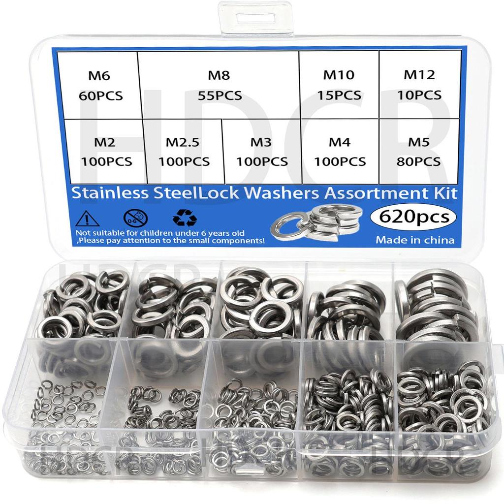 620-Piece Stainless Steel Split Lock Washer Set, Anti-Loosening M2-M12 Spring Washers
