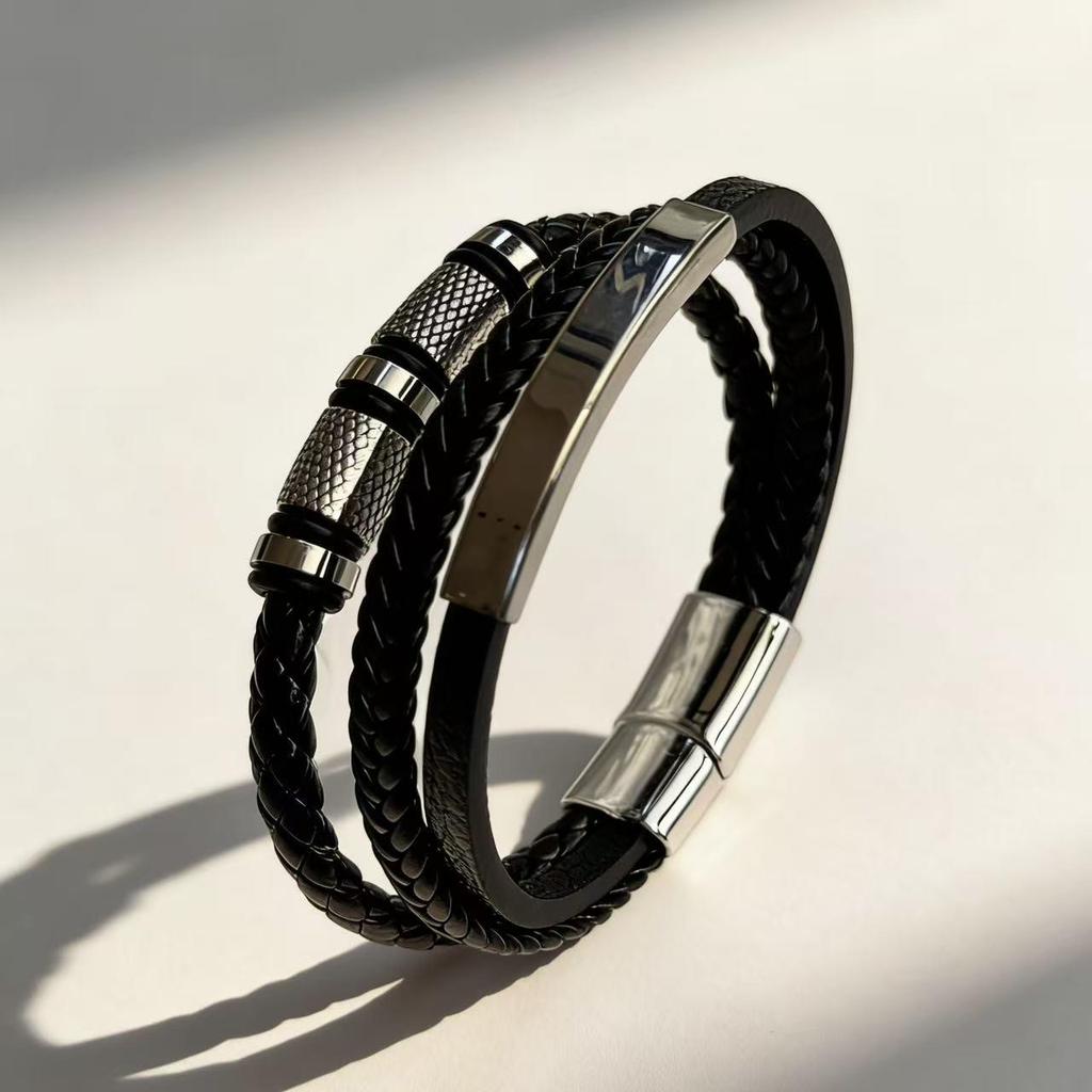 Men's Multi-layer Woven Leather Bracelet with Stainless Steel Tube