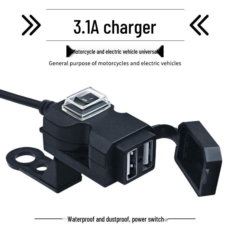 Slim Waist Dual-Port 12V USB Charger with Rearview Mirror & Handlebar Mount for Motorcycles