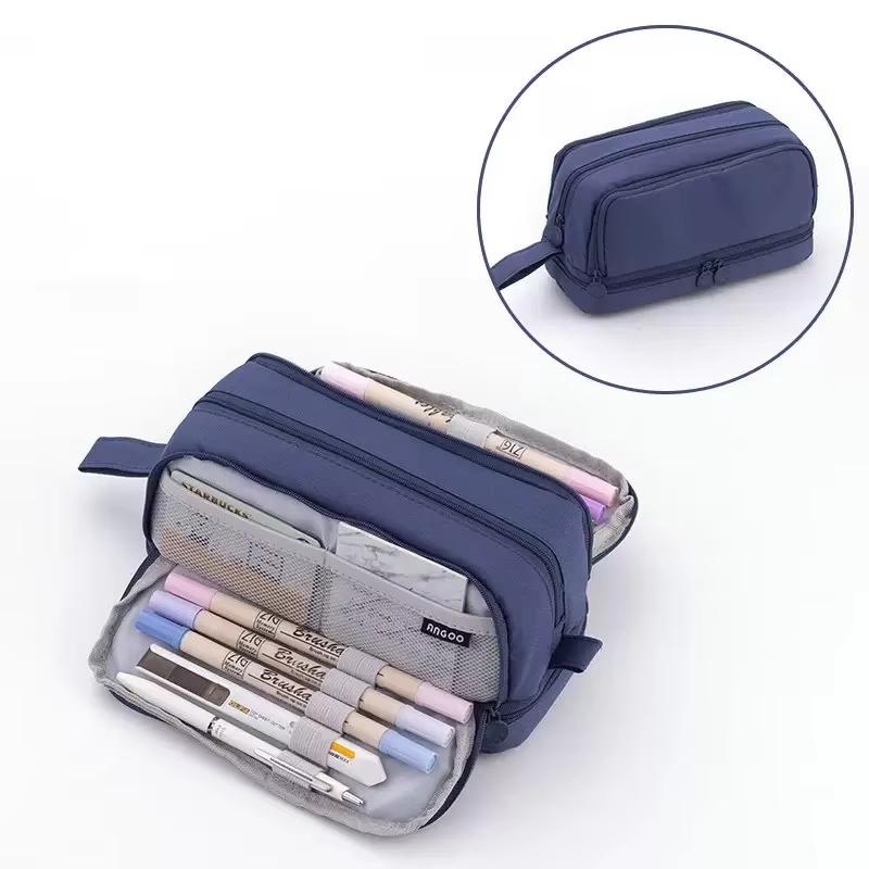 Cross-border  Fabric Pencil Case Stationery Bag Student Macaron Color Double Window Multi-function Learning Zipper