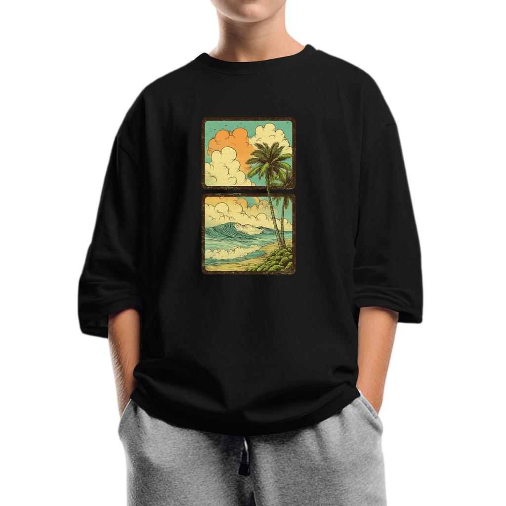 Moda dziecięca Drukowana bluzka z okrągłym dekoltem i rękawem 7/8, casualowy T-shirt