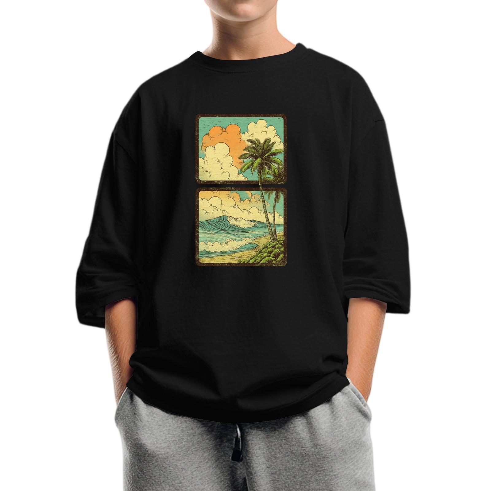 

Детская мода Принтованный топ с круглым вырезом и рукавом семь восьмых Повседневная футболка 160 чёрный