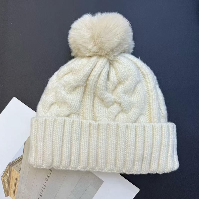 Twist Knitted Double-layer Wool Hat Autumn and Winter Twist Hairball Wool Hat Women's Thickened Cold Hat Warm Knitted Hat