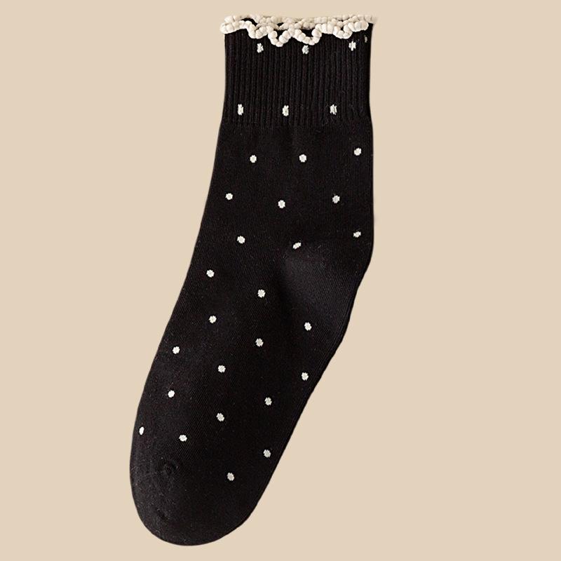 Black Fungus Lace Socks for Women, Spring and Autumn Style, Pile Socks, Cotton Socks, Summer Polka Dot Roll, Boneless Mid-calf Socks