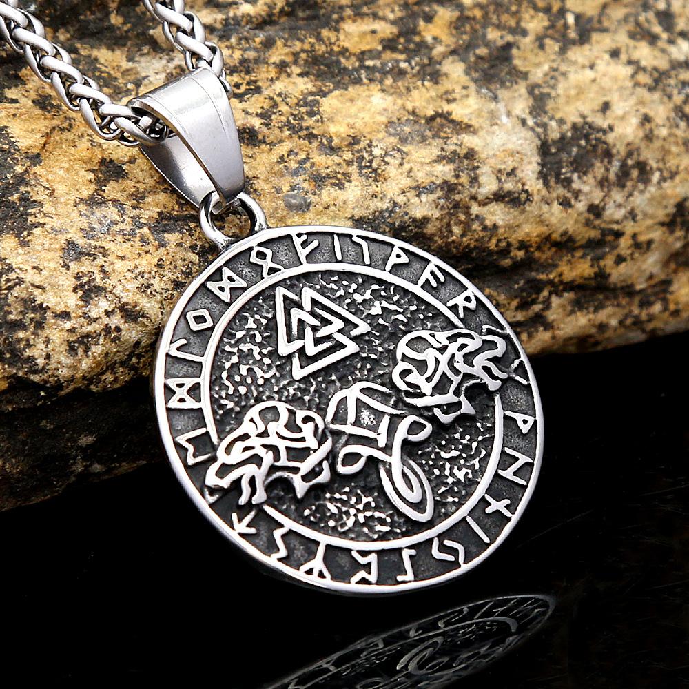 European and American Vikings Golden Wolf Head Triangular Rune Pendant Male Tide Personality Versatile Stainless Steel Necklace Jewelry