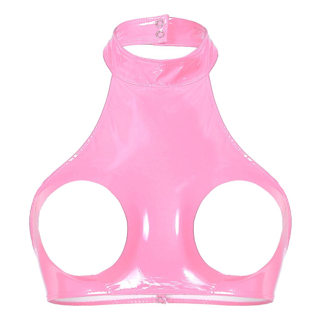 Women's Patent Leather Lingerie Sexy Wire-free Open Cup Bra Top for Party Club