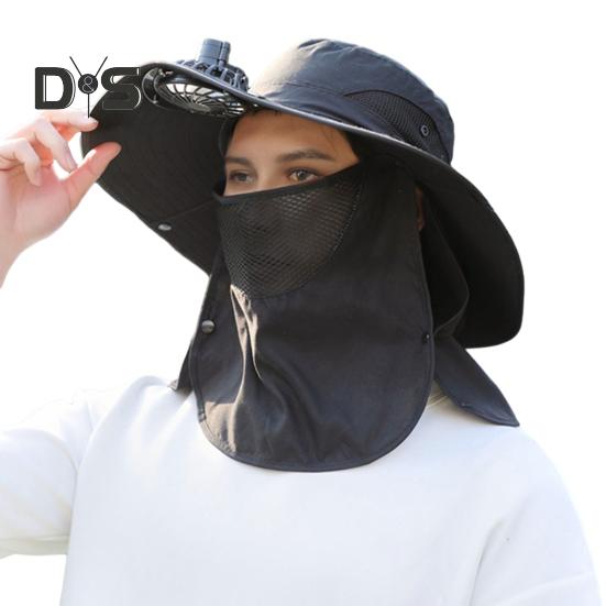 Solar-Ventilator-Hut mit Gesichtsschutz, Nackenklappe, LSF 50+, UV-Schutz, Hut mit Solar-Ventilator, wiederaufladbar über USB, atmungsaktiv, für Herren, Sommer, Outdoor, Angeln, breite Krempe