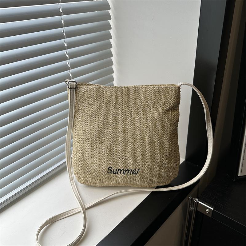 Woven Bag Women's New Large-capacity Letter Shoulder Bag Outdoor Leisure Lightweight Inclined Bucket Bag