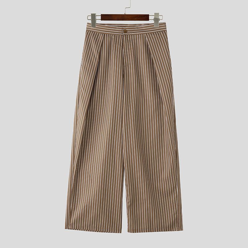 INCERUN Men Casual Zip-up Waist Striped Loose Layers Wide Legs Pants Long Trousers