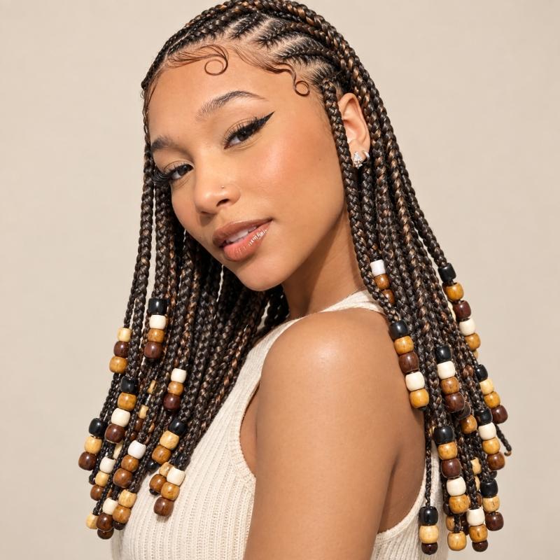 Large Hole Hair Beads for Braids and Dreadlocks, Painted Multicolor Decorations with Natural Wood-Inspired Look